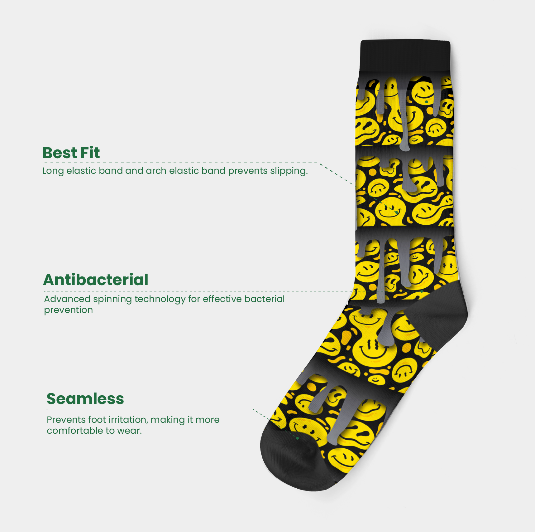 Drippy Happy Face Crew Sock (9")